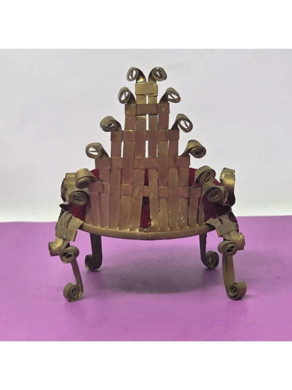 Vintage Handmade Tin Metal Scroll Chair Red Velvet Dollhouse/PinCushion Folk Art